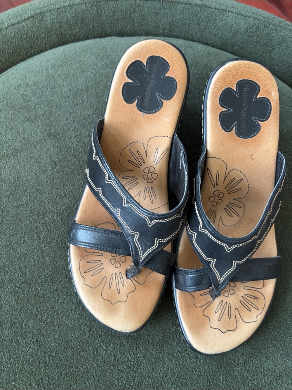 Hush Puppies Black Leather Floral-Printed Slide Sandals